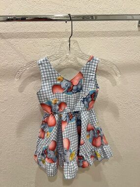 Girls Blue Gingham Dumbo Elephant Print Dress